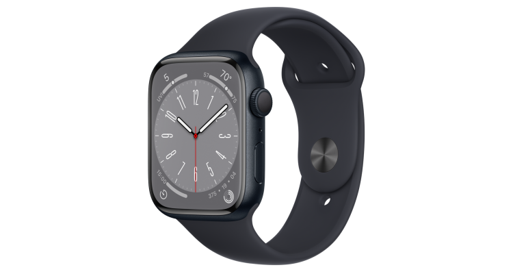 Apple Watch Series 8, 45 мм, корпус из алюминия цвета «тёмная ночь», спортивный ремешок цвета «тёмная ночь»